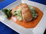Scottish Salmon Filet over Wasabi Mashed Potatoes with a garlic and roasted red pepper sauce